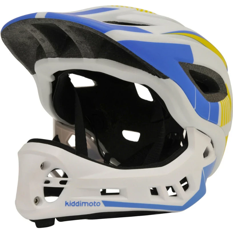 Kiddimoto Full Face Helmet Ikon White/Blue Small Detachable Chin Guard Ref: H/E 1 Kiddimoto Full Face Helmet Ikon White/Blue Small Detachable Chin Guard Ref: H/E